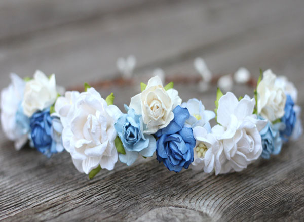 Floral Headband Blue Cobalt Wedding Flower Crown White Rose Hair Crown 